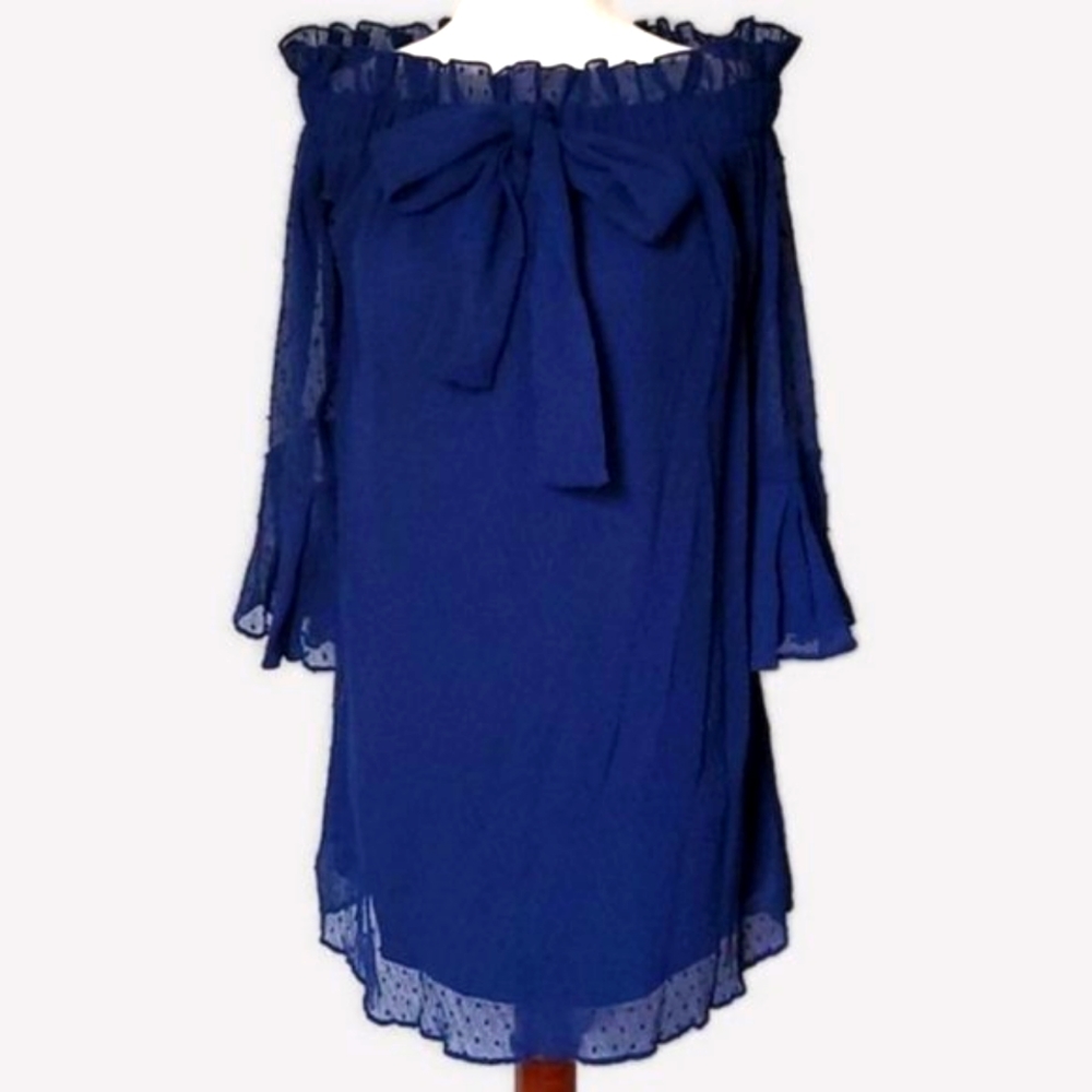 English Factory Baby Doll Navy Dress Swiss Dot Crinkle Chiffon Bow Off Shoulder